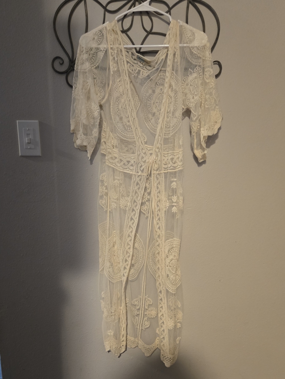 Rebellion Cream Sheer Lace Shawl with Tie Waist